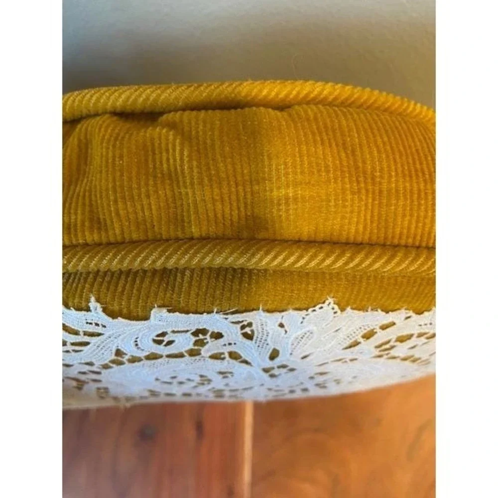 Round Throw Pillow Yellow Corduroy White Lace Accent Cottagecore Vintage Mustard
